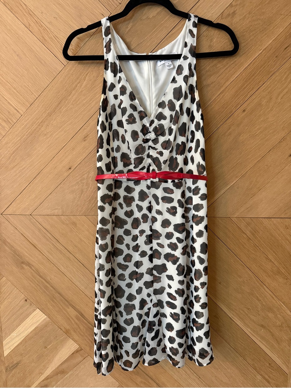 Sleeveless Animal-Print Midi Dress with Red Waist Belt
